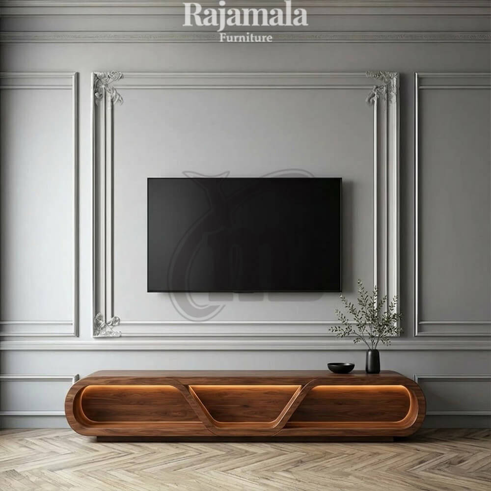 Tv Stand Minimalist Ellena Solid Teak Wood Curved Style RM-44 Tv Stand Minimalist Ellena Solid Teak Wood Curved Style RM-44