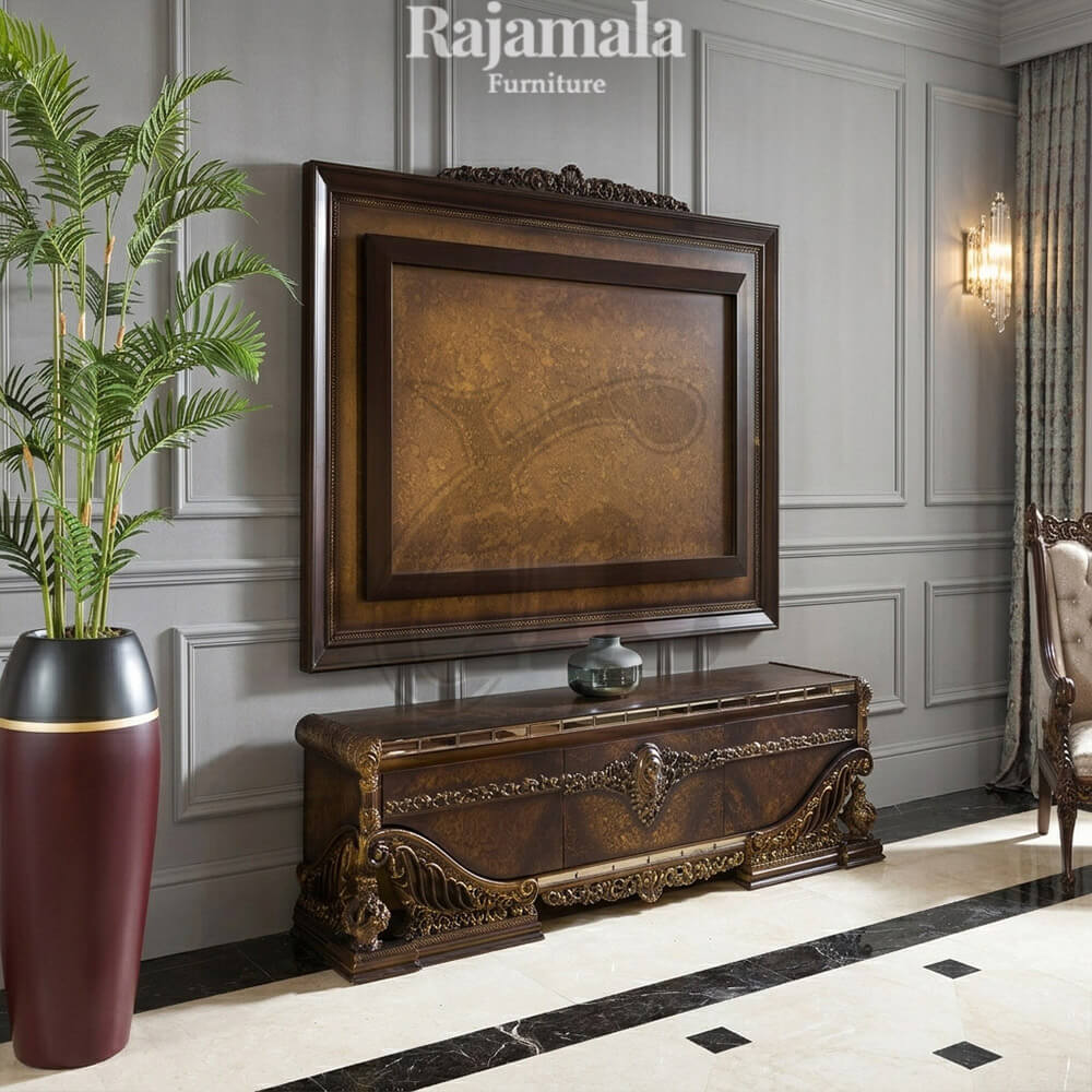 Majestic Royal Walnut TV Stand Gold Accents RM-107 Majestic Royal Walnut TV Stand Gold Accents RM-107