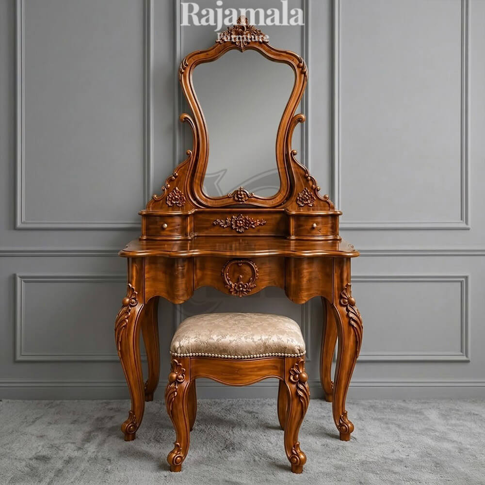 Meja Rias Mewah Kayu Jati Ukiran Klasik Natural Color RM-149 Meja Rias Mewah Kayu Jati Ukiran Klasik Natural Color RM-149