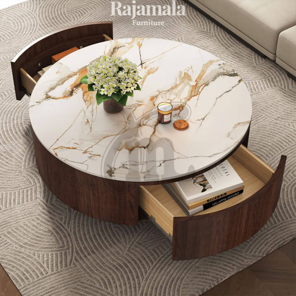 Meja Tamu Bundar Minimalis Modern Design Top Carara Marble RM-199.1